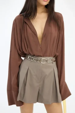 Tops-ROTATE Birger Christensen Pleated Ls Top Brown Potting Soil color