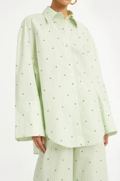 Tops-ROTATE Birger Christensen Poplin Oversized Shirt Striped Green Gleam (Green) Comb. color