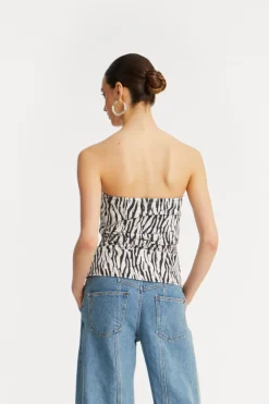 Tops-ROTATE Birger Christensen Printed Denim Top Black Print Egret Comb. color