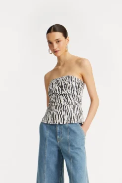 Tops-ROTATE Birger Christensen Printed Denim Top Black Print Egret Comb. color