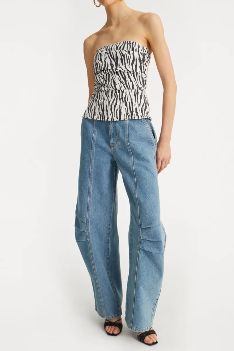 Tops-ROTATE Birger Christensen Printed Denim Top Black Print Egret Comb. color