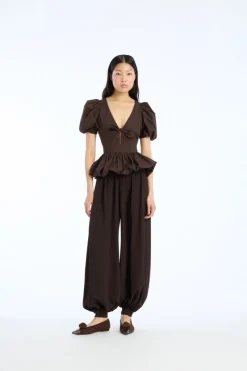 Tops-ROTATE Birger Christensen Puff Sleeve Bubble Top Dark Brown Molé color