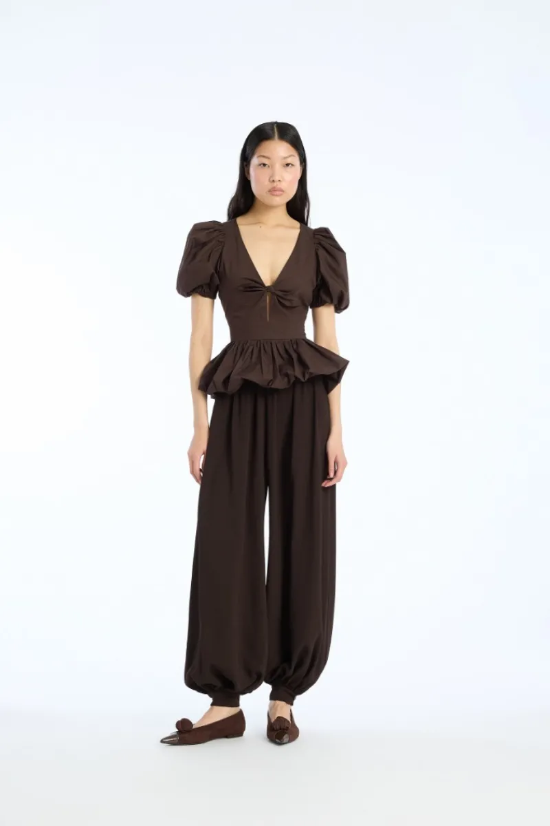 Tops-ROTATE Birger Christensen Puff Sleeve Bubble Top Dark Brown Molé color