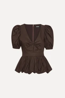 Tops-ROTATE Birger Christensen Puff Sleeve Bubble Top Dark Brown Molé color