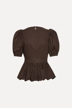 Tops-ROTATE Birger Christensen Puff Sleeve Bubble Top Dark Brown Molé color