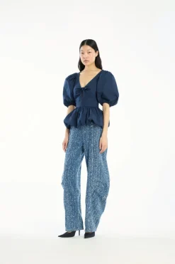 Tops-ROTATE Birger Christensen Puff Sleeve Bubble Top Dark Blue Navy Blazer color