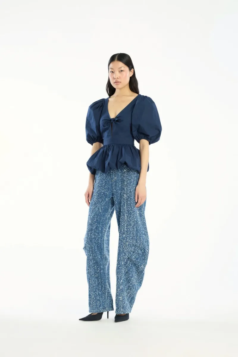 Tops-ROTATE Birger Christensen Puff Sleeve Bubble Top Dark Blue Navy Blazer color