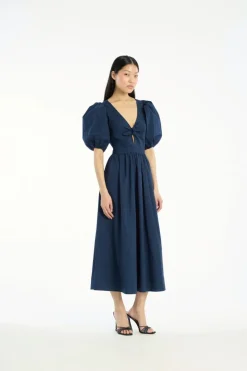 Midi Dresses|Dresses-ROTATE Birger Christensen Puff Sleeve Midi Dress Dark Blue Navy Blazer color