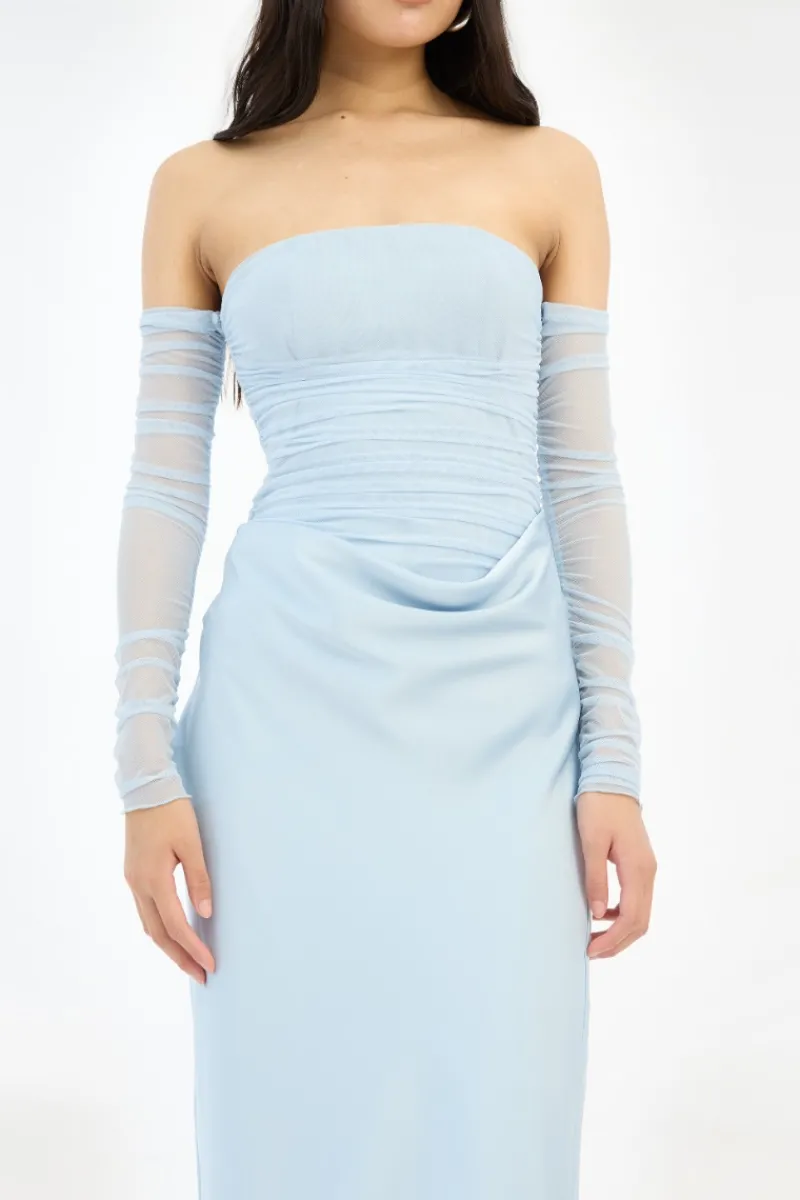 Maxi Dress|Dresses-ROTATE Birger Christensen Ruched Maxi Dress Light Blue Plein Air color