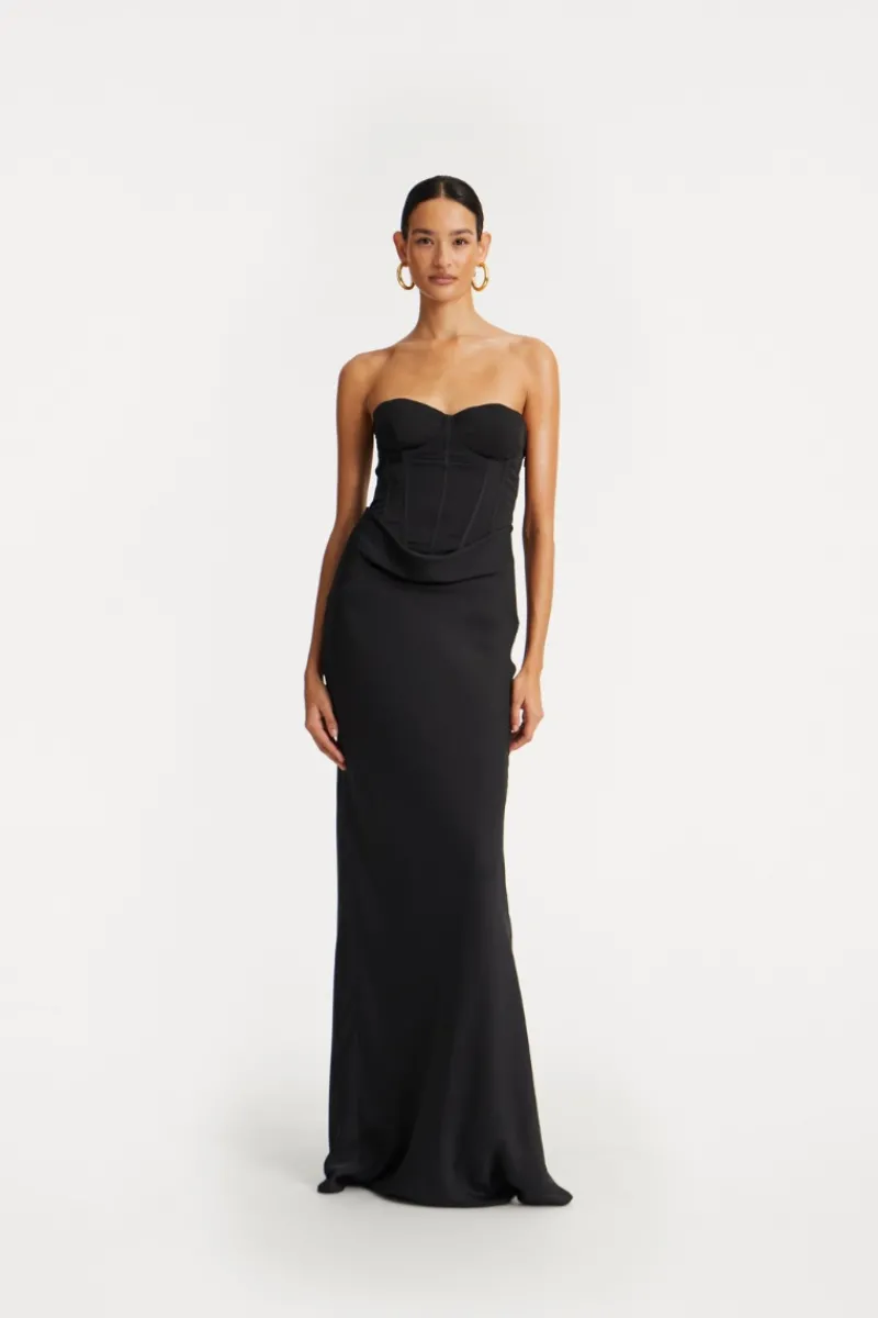 Maxi Dress|Dresses-ROTATE Birger Christensen Satin Corset Maxi Dress Black Black color
