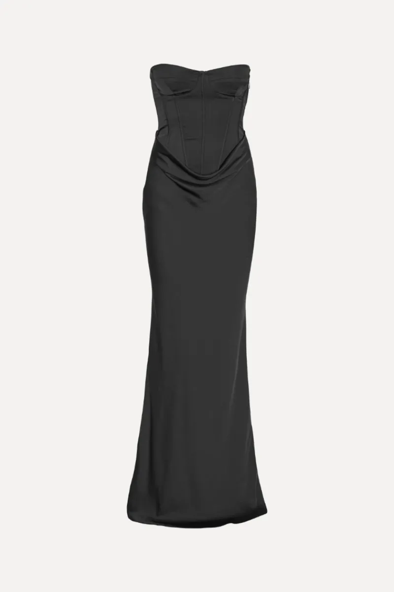Maxi Dress|Dresses-ROTATE Birger Christensen Satin Corset Maxi Dress Black Black color