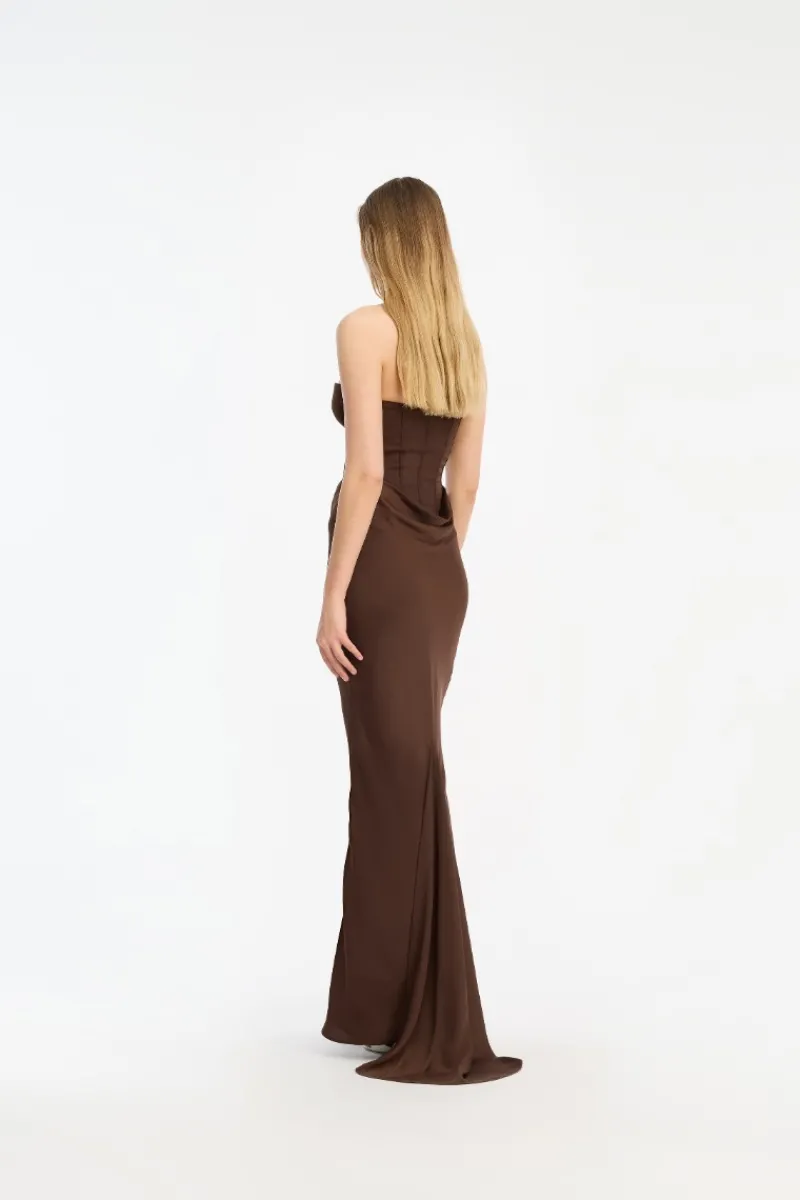 Maxi Dress|Dresses-ROTATE Birger Christensen Satin Corset Maxi Dress Dark Brown CHICORY COFFEE color