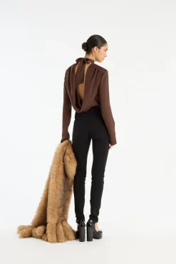 Tops-ROTATE Birger Christensen Satin Drapy Back Top Dark Brown CHICORY COFFEE color