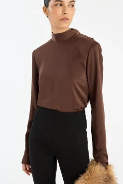 Tops-ROTATE Birger Christensen Satin Drapy Back Top Dark Brown CHICORY COFFEE color