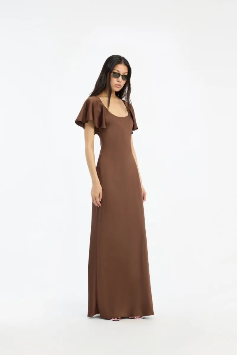 Maxi Dress|Dresses-ROTATE Birger Christensen Satin Flowy Sleeve Dress Dark Brown Potting Soil color