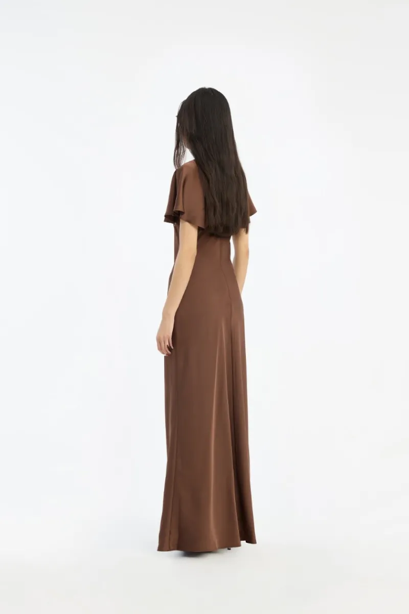 Maxi Dress|Dresses-ROTATE Birger Christensen Satin Flowy Sleeve Dress Dark Brown Potting Soil color