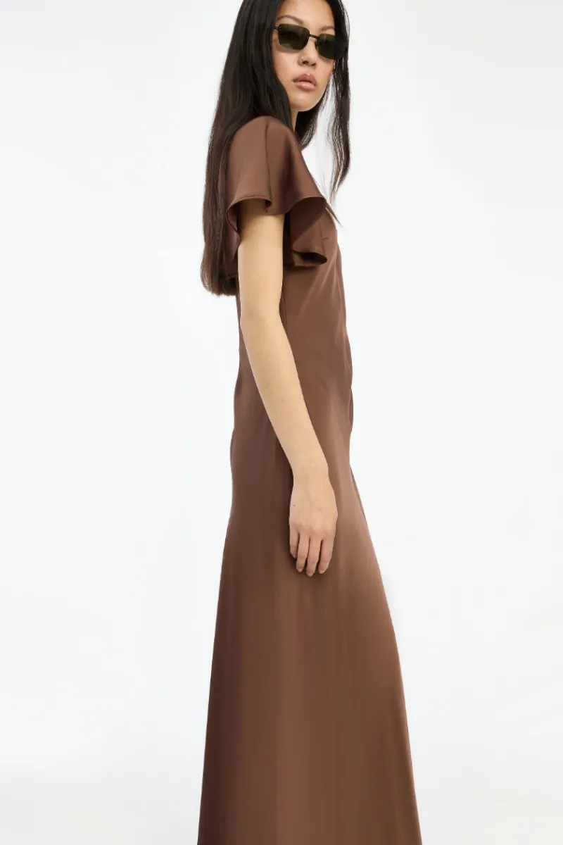 Maxi Dress|Dresses-ROTATE Birger Christensen Satin Flowy Sleeve Dress Dark Brown Potting Soil color