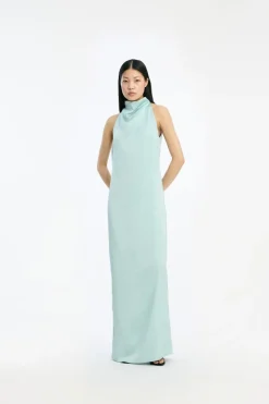 Bridal|Maxi Dress-ROTATE Birger Christensen Satin Halterneck Dress Dusty Blue Blue Haze color