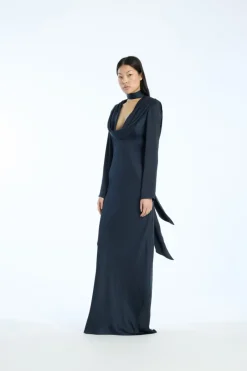 Maxi Dress|Dresses-ROTATE Birger Christensen Satin Maxi Drapy Dress Dark Blue Sky Captain (Dark Blue) color