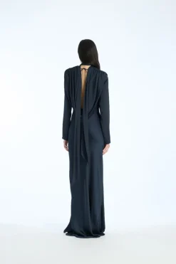 Maxi Dress|Dresses-ROTATE Birger Christensen Satin Maxi Drapy Dress Dark Blue Sky Captain (Dark Blue) color