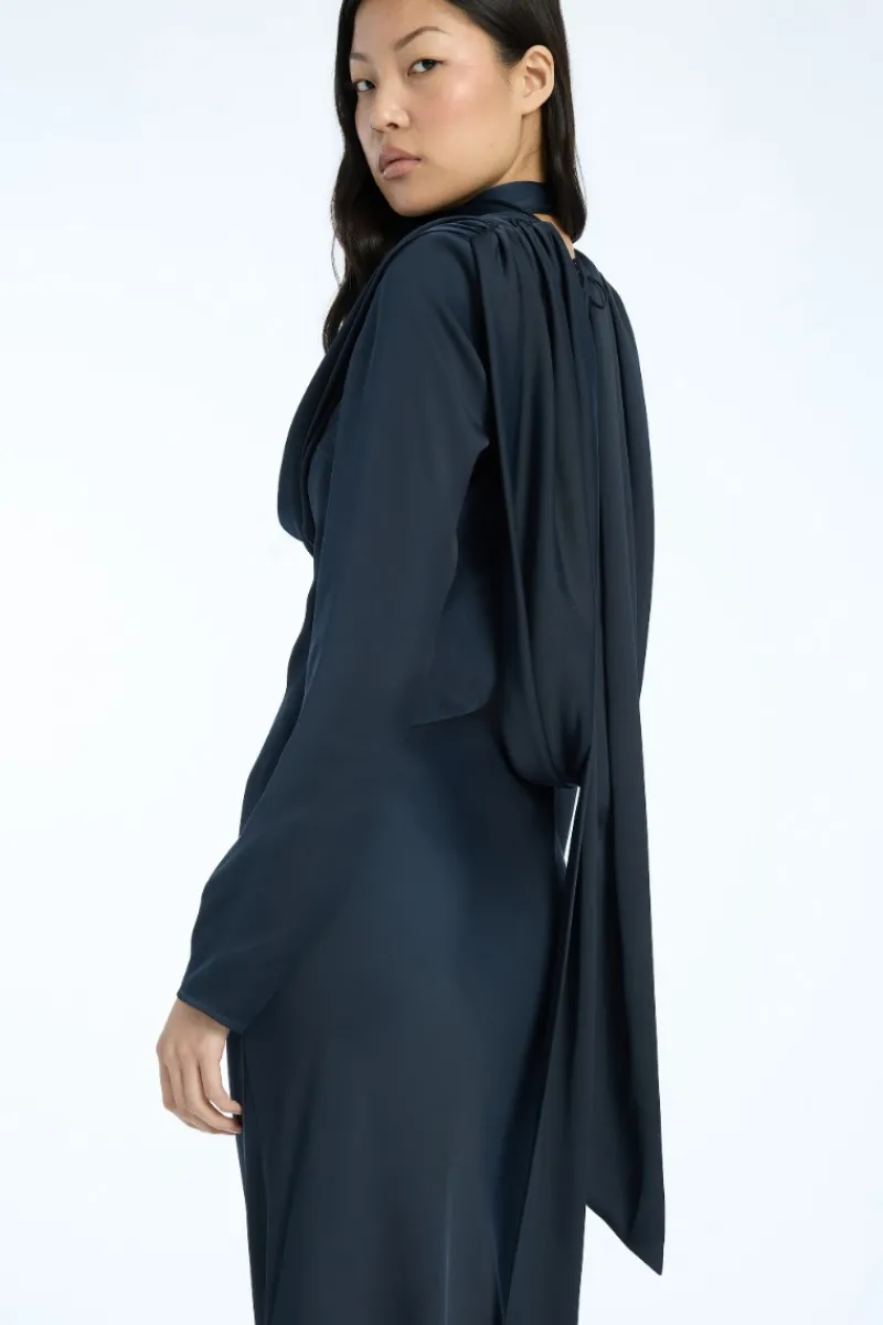 Maxi Dress|Dresses-ROTATE Birger Christensen Satin Maxi Drapy Dress Dark Blue Sky Captain (Dark Blue) color