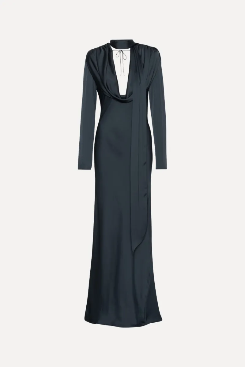 Maxi Dress|Dresses-ROTATE Birger Christensen Satin Maxi Drapy Dress Dark Blue Sky Captain (Dark Blue) color
