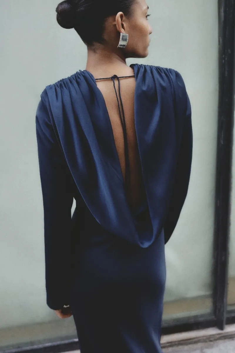 Maxi Dress|Dresses-ROTATE Birger Christensen Satin Maxi Drapy Dress Dark Blue Sky Captain (Dark Blue) color