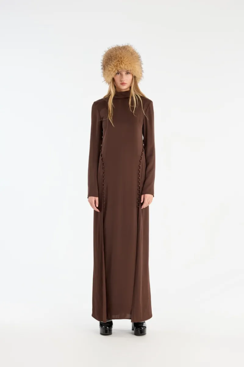 Maxi Dress|Dresses-ROTATE Birger Christensen Satin Maxi Ls Dress Dark Brown CHICORY COFFEE color
