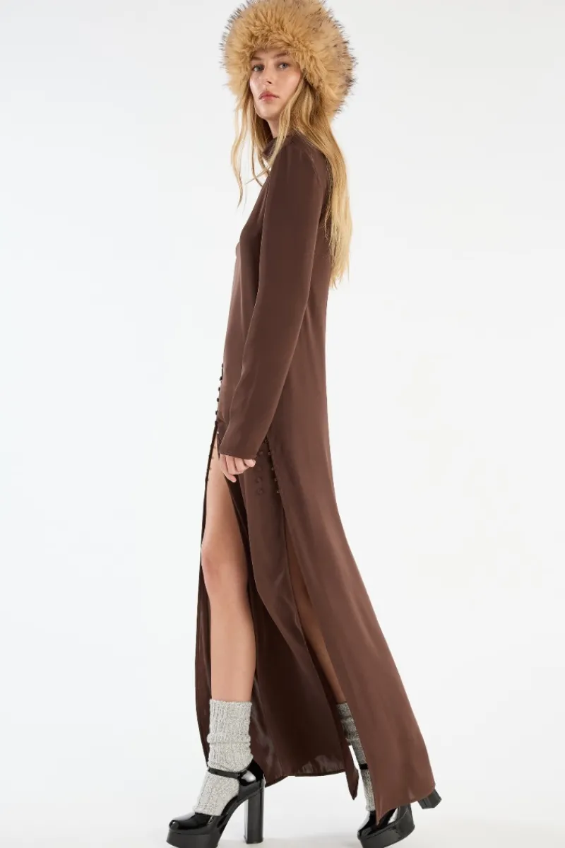 Maxi Dress|Dresses-ROTATE Birger Christensen Satin Maxi Ls Dress Dark Brown CHICORY COFFEE color