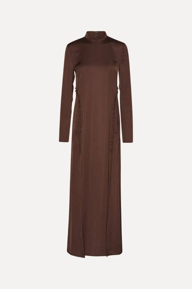 Maxi Dress|Dresses-ROTATE Birger Christensen Satin Maxi Ls Dress Dark Brown CHICORY COFFEE color