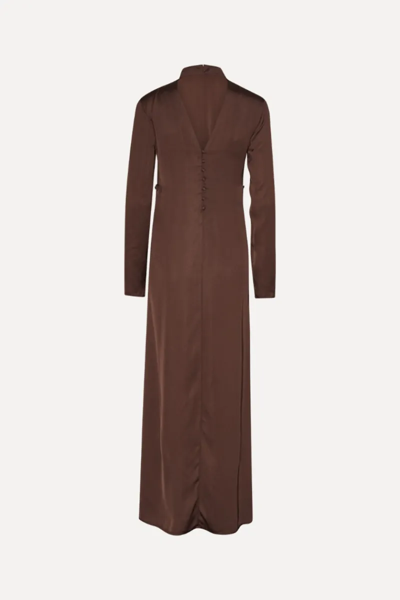 Maxi Dress|Dresses-ROTATE Birger Christensen Satin Maxi Ls Dress Dark Brown CHICORY COFFEE color