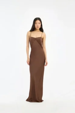 Maxi Dress-ROTATE Birger Christensen Satin Maxi Slip Dress Dark Brown Potting Soil color