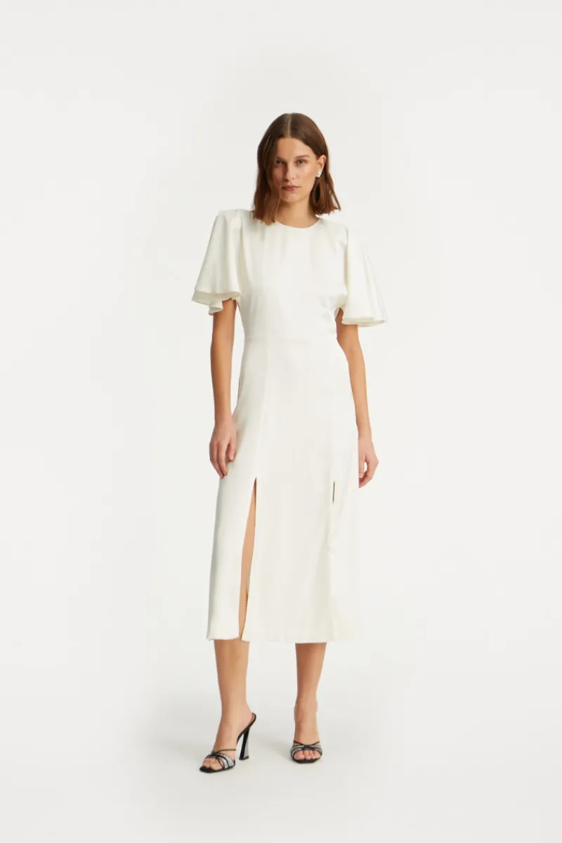 Bridal|Midi Dresses-ROTATE Birger Christensen Satin Midi Slit Dress Creme White Egret color
