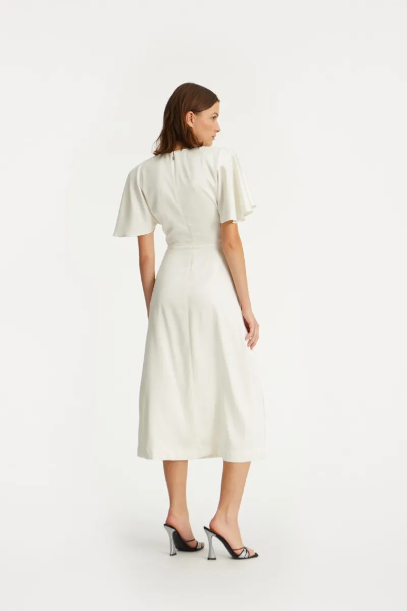 Bridal|Midi Dresses-ROTATE Birger Christensen Satin Midi Slit Dress Creme White Egret color
