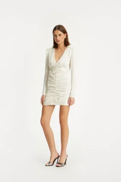 Bridal|Mini Dresses-ROTATE Birger Christensen Satin Mini Gathered Dress Creme White Egret color