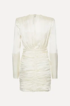 Bridal|Mini Dresses-ROTATE Birger Christensen Satin Mini Gathered Dress Creme White Egret color