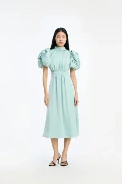 Maxi Dress|Dresses-ROTATE Birger Christensen Satin Puff Midi Dress Dusty Blue Blue Haze color