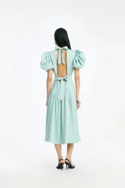 Maxi Dress|Dresses-ROTATE Birger Christensen Satin Puff Midi Dress Dusty Blue Blue Haze color