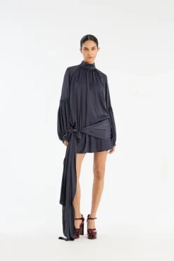 Mini Dresses|Dresses-ROTATE Birger Christensen Satin Strap Tie Dress Dark Blue Graphite color