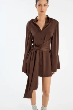 Midi Dresses|Mini Dresses-ROTATE Birger Christensen Satin Tie Shirt Dress Dark Brown CHICORY COFFEE color