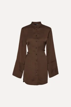 Midi Dresses|Mini Dresses-ROTATE Birger Christensen Satin Tie Shirt Dress Dark Brown CHICORY COFFEE color