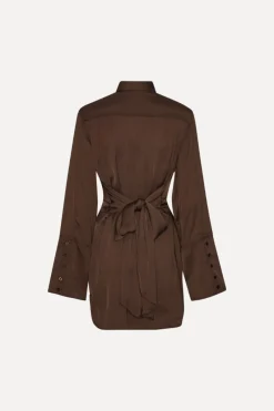 Midi Dresses|Mini Dresses-ROTATE Birger Christensen Satin Tie Shirt Dress Dark Brown CHICORY COFFEE color