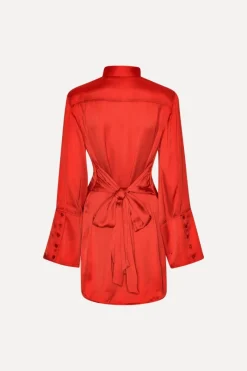Mini Dresses|Dresses-ROTATE Birger Christensen Satin Tie Shirt Dress Red Racing Red color