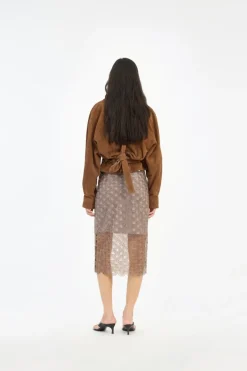 Skirts-ROTATE Birger Christensen Scallop Sequin Midi Skirt Taupe Gull Grey color