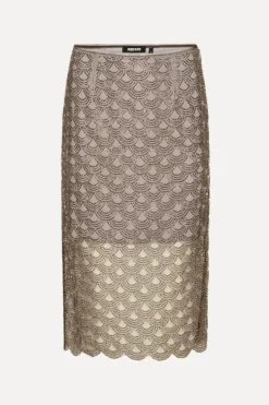 Skirts-ROTATE Birger Christensen Scallop Sequin Midi Skirt Taupe Gull Grey color