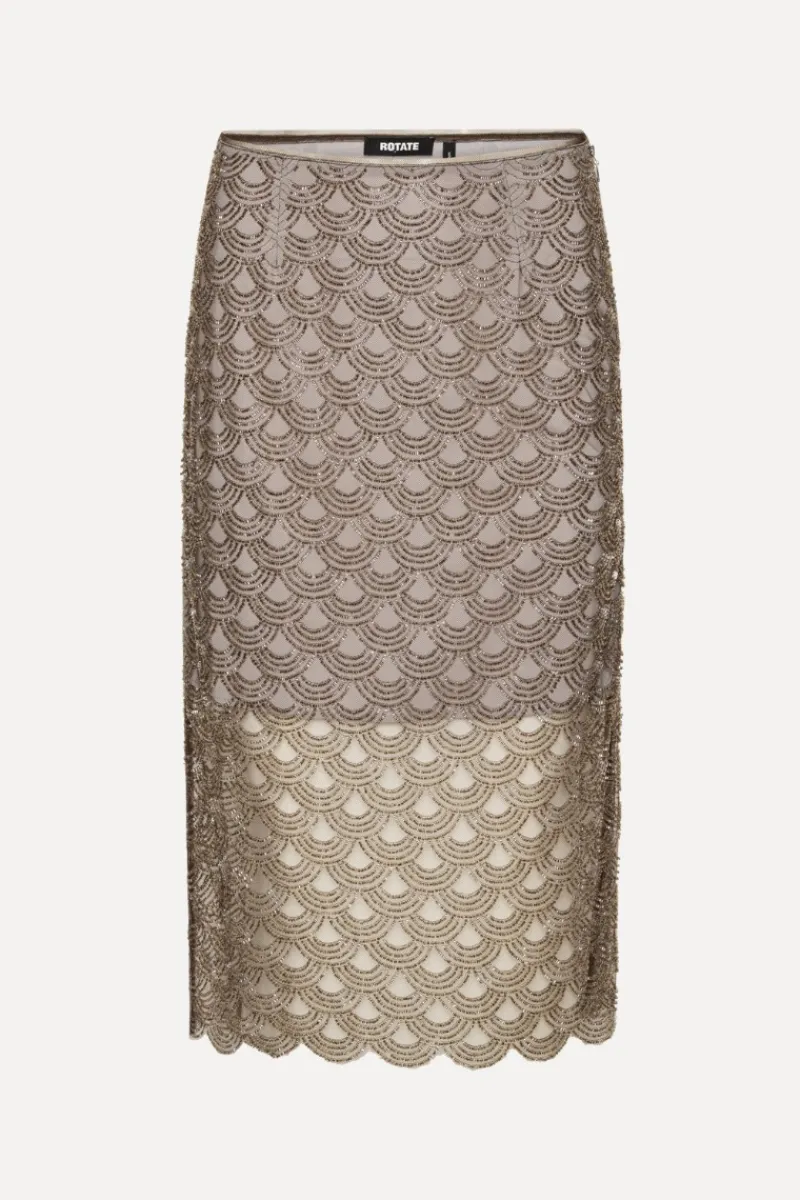 Skirts-ROTATE Birger Christensen Scallop Sequin Midi Skirt Taupe Gull Grey color