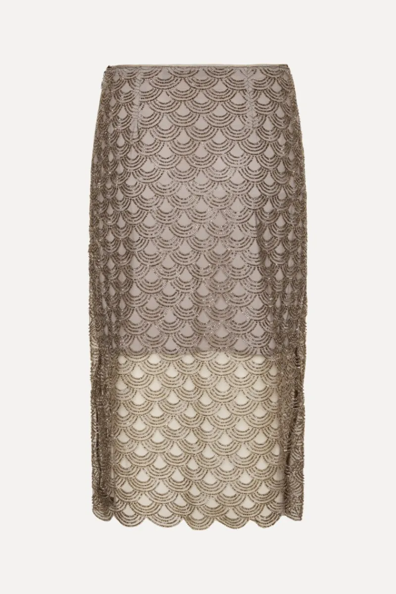 Skirts-ROTATE Birger Christensen Scallop Sequin Midi Skirt Taupe Gull Grey color