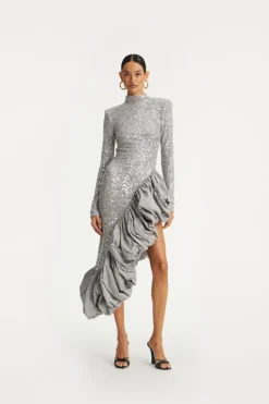Sequins|Midi Dresses-ROTATE Birger Christensen Sequin Asymmetric Dress Grey Alloy (Light Gray) color