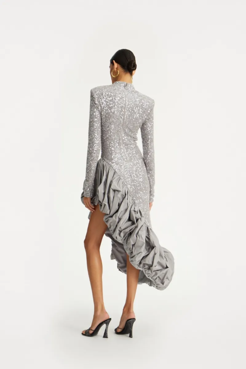 Sequins|Midi Dresses-ROTATE Birger Christensen Sequin Asymmetric Dress Grey Alloy (Light Gray) color