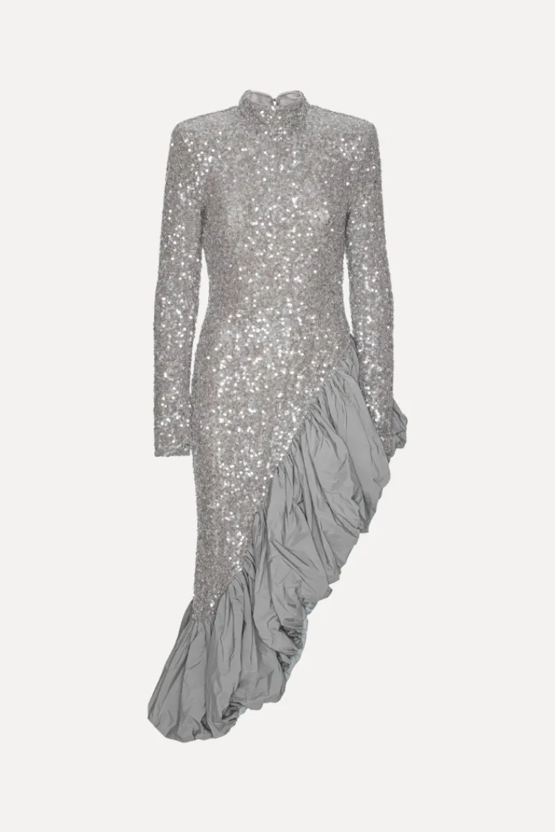 Sequins|Midi Dresses-ROTATE Birger Christensen Sequin Asymmetric Dress Grey Alloy (Light Gray) color